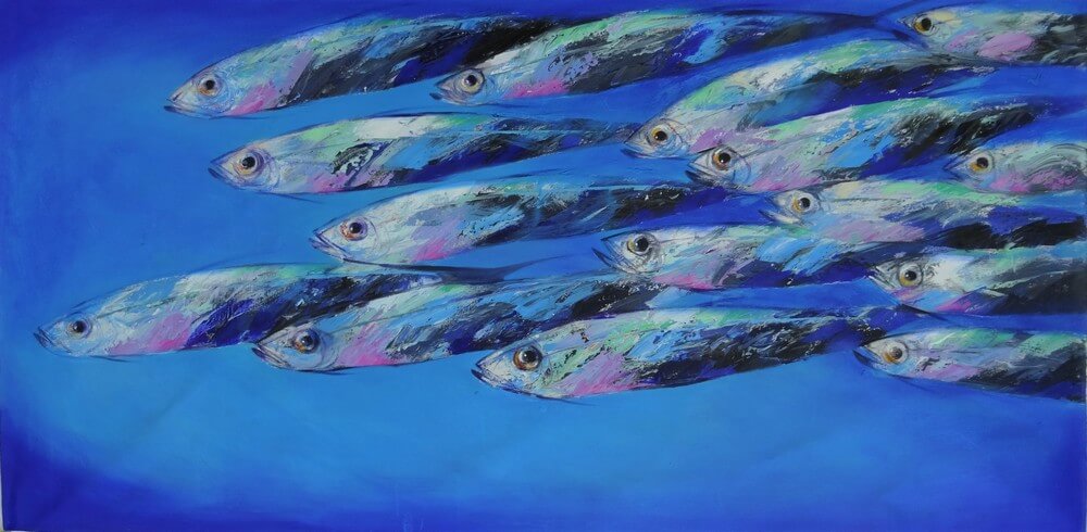 Grand tableau de poisson, Banc de barracudas, Tableau XXL panoramique